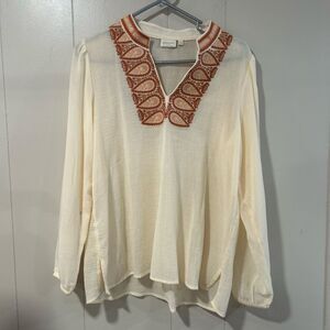 Spartina 449 Embroidered Boho Tunic Top Cream Rust Paisley V Neck Long Sleeve Me